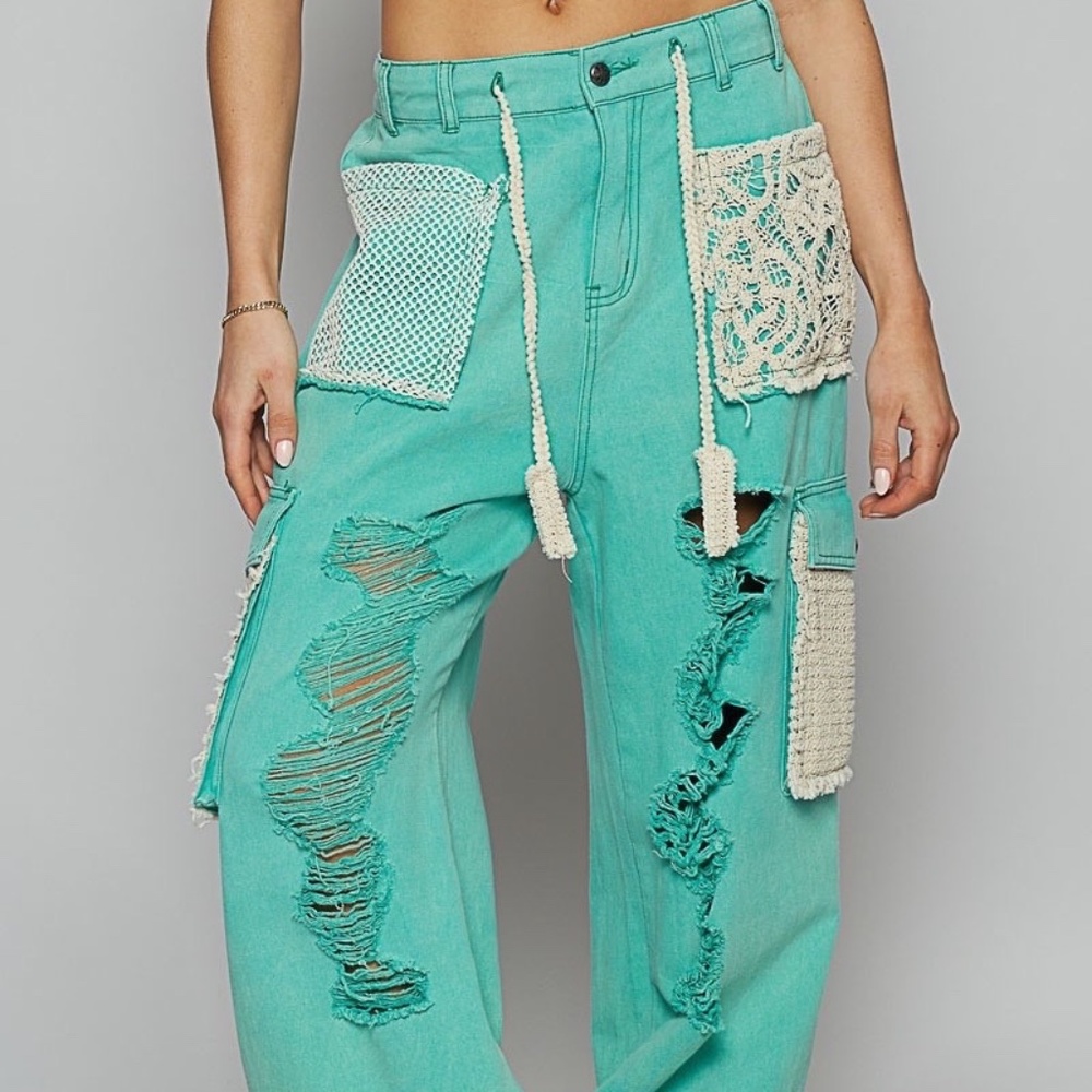 New POL Clothing Distressed Joggers Womens Sweatpants Teal Oversized Denim Pants - Picture 2 of 8